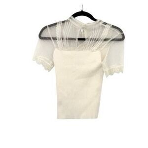 NWT Ete Belle Ribbed Lace Trim Sheer Short Sleeve Blouse White Size M